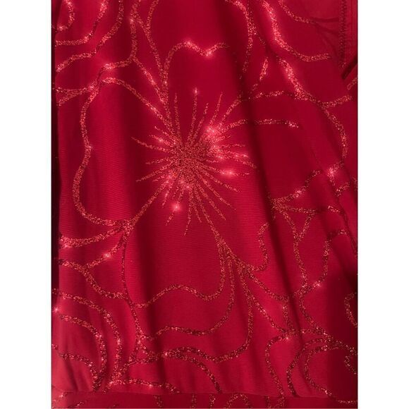 Perceptions Petite XL Short Sleeve Glitter Floral Dress Red Asymmetrical Holiday - Picture 6 of 15